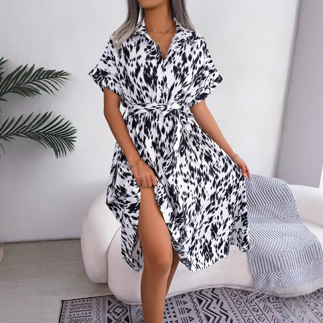 Women's Spring and Summer Casual Loose Leopard Lapel Shirt Midi Dress