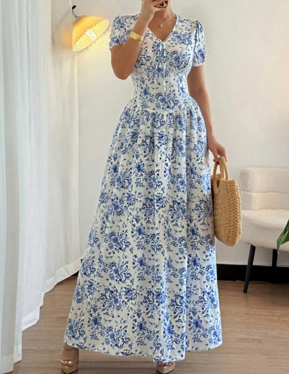 Women's Casual Summer Flower Printed V-Neck Short Sleeve A-Line Dress
