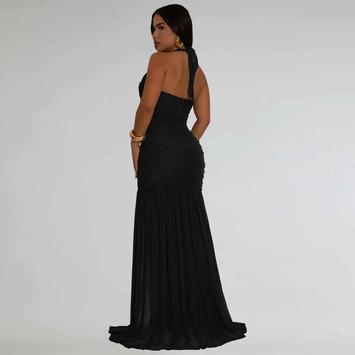 Women's Sexy Solid Color Pleated Mesh Halter-Neck Backless Split Maxi Dress