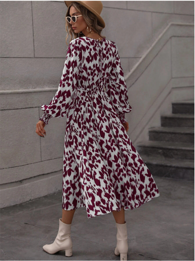 Women's Autumn Winter Leopard Print Long Sleeve Lace-Up Loose Dress