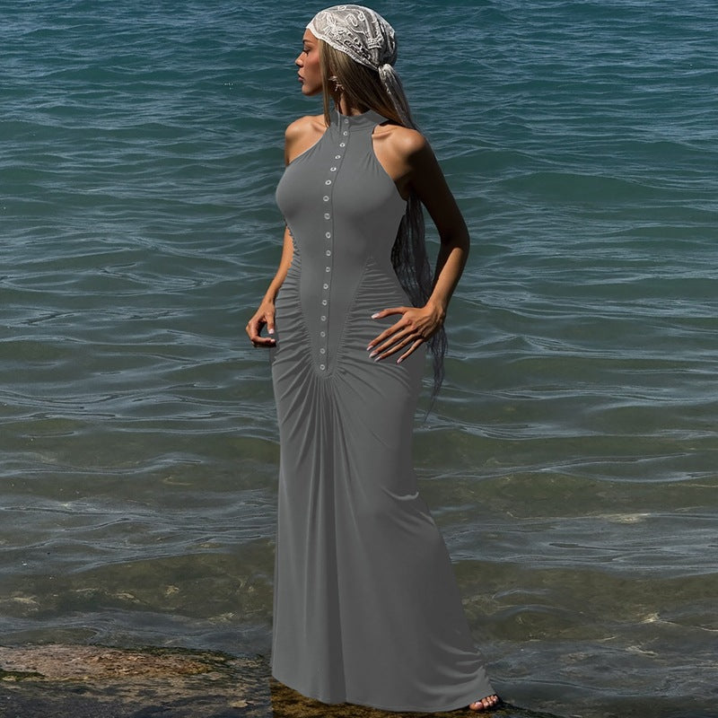 Women's Solid Color Round Neck Sleeveless Button Slim-Fit Pleated Maxi Dress