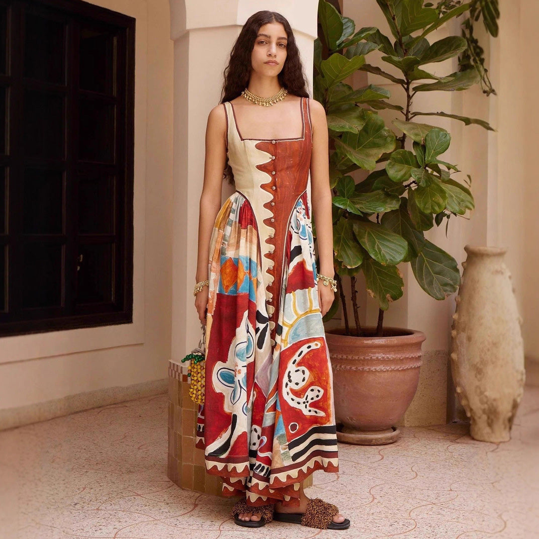 Women's Casual Vacation Printed Linen Sleeveless Loose Dress