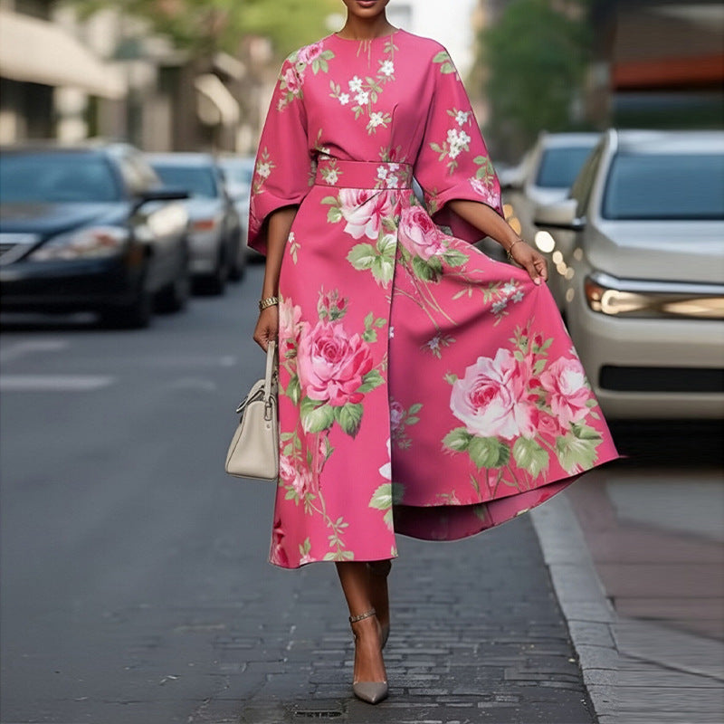 Women's Casual Summer Flower Printed Short Sleeve A-Line Dress
