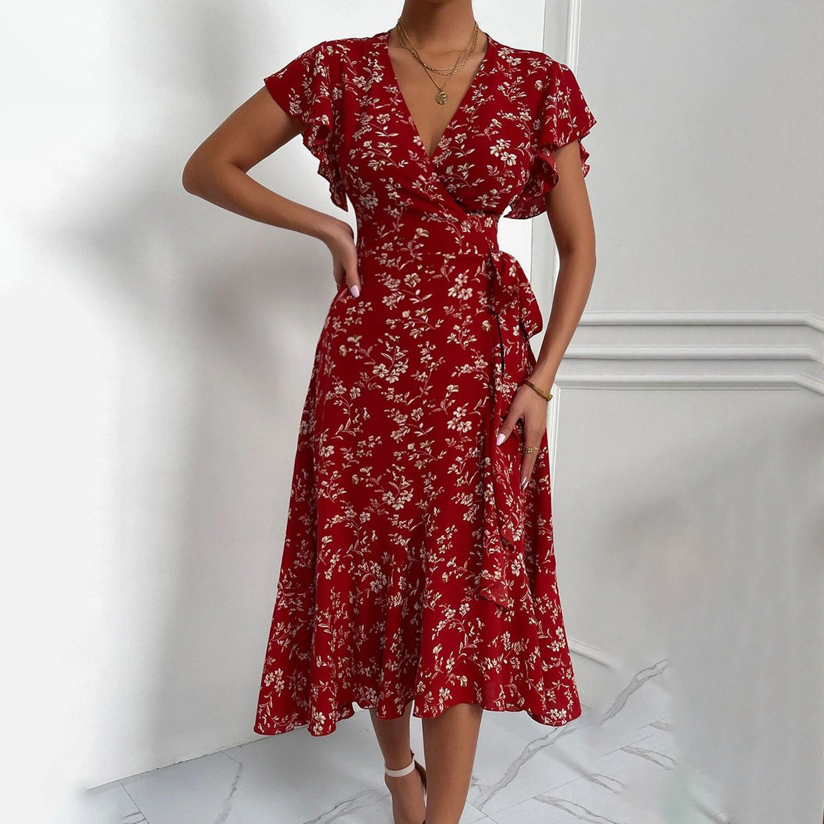 Women's Casual Flower Printed Deep V-Strap Short Sleeve Tight Waist Dress