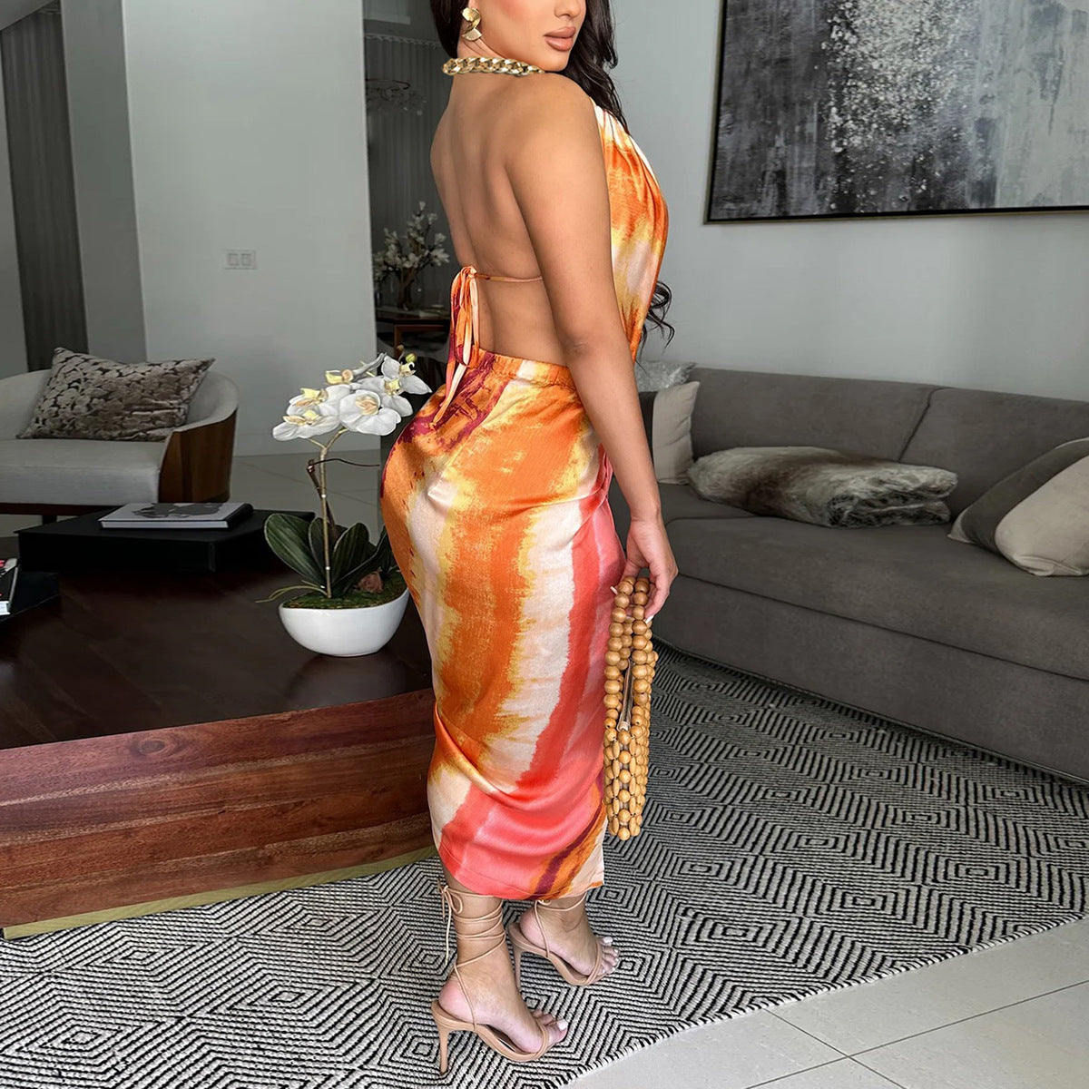 Women's Sexy Irregular Tie-Dye Silk Satin Halter-Neck Backless Midi Dress