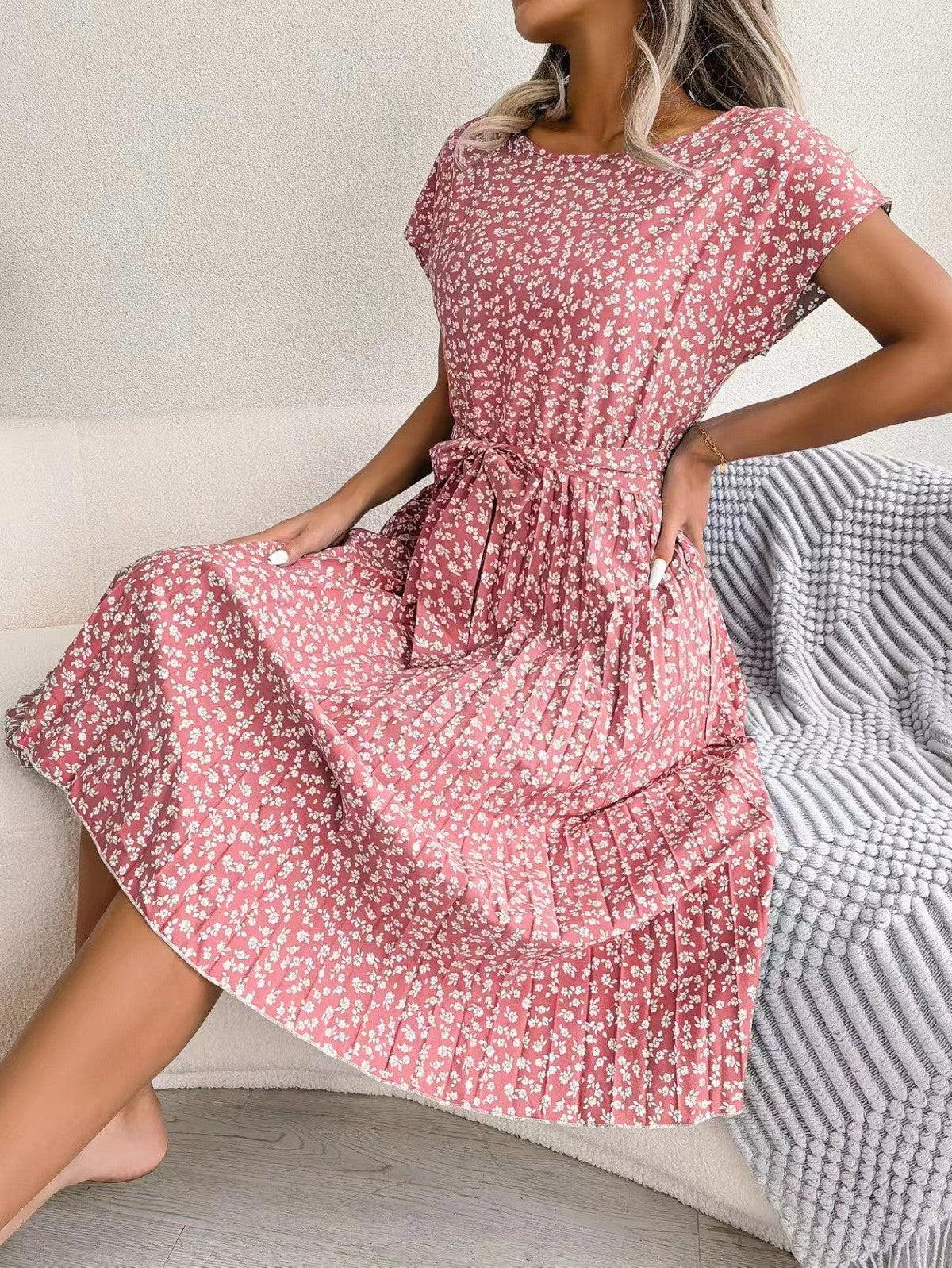 Women's Casual Floral Printed Bat Sleeve Pleated Lace-Up Midi Dress