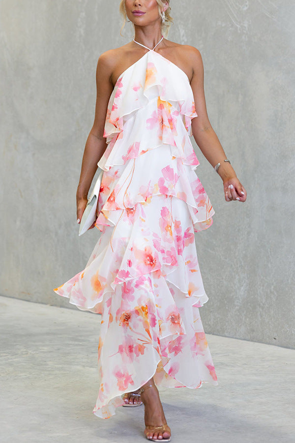 Women's Sexy Boho Vacation Chiffon Print Halter-Neck Lace-Up Dress