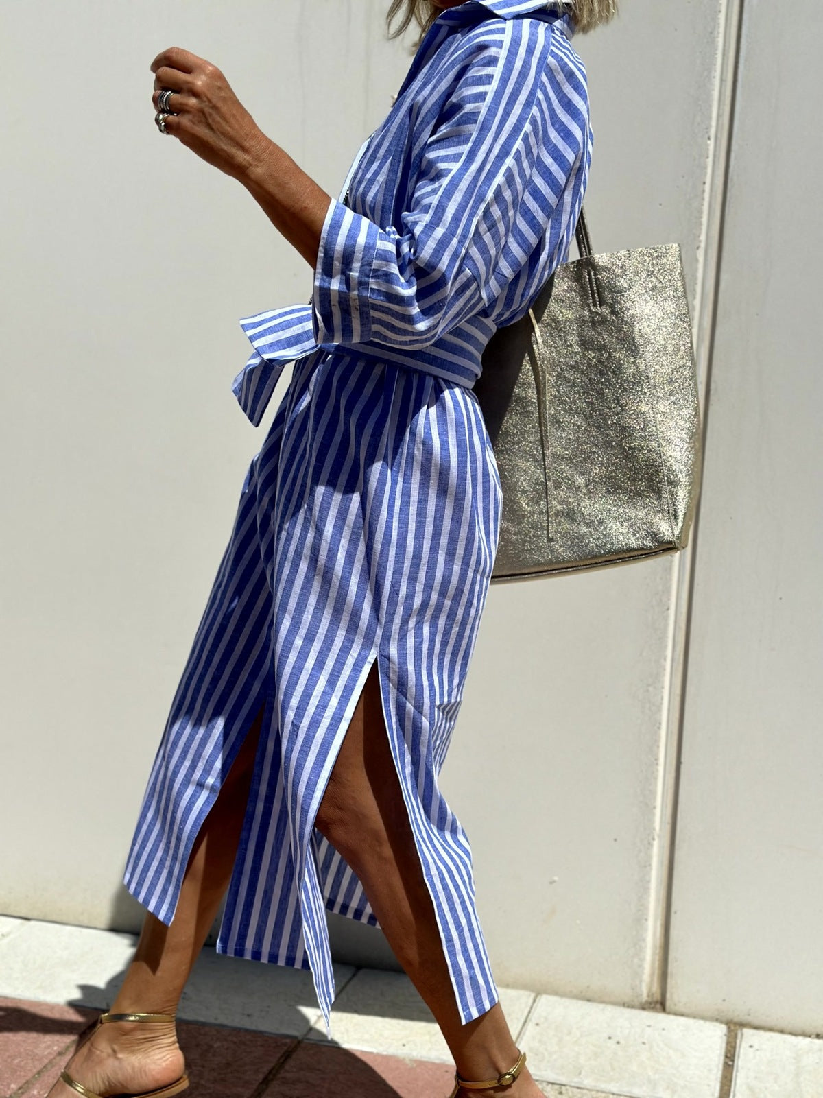 Women's Casual Stripe Printed Lapel Long Sleeve Loose Shirt Dress