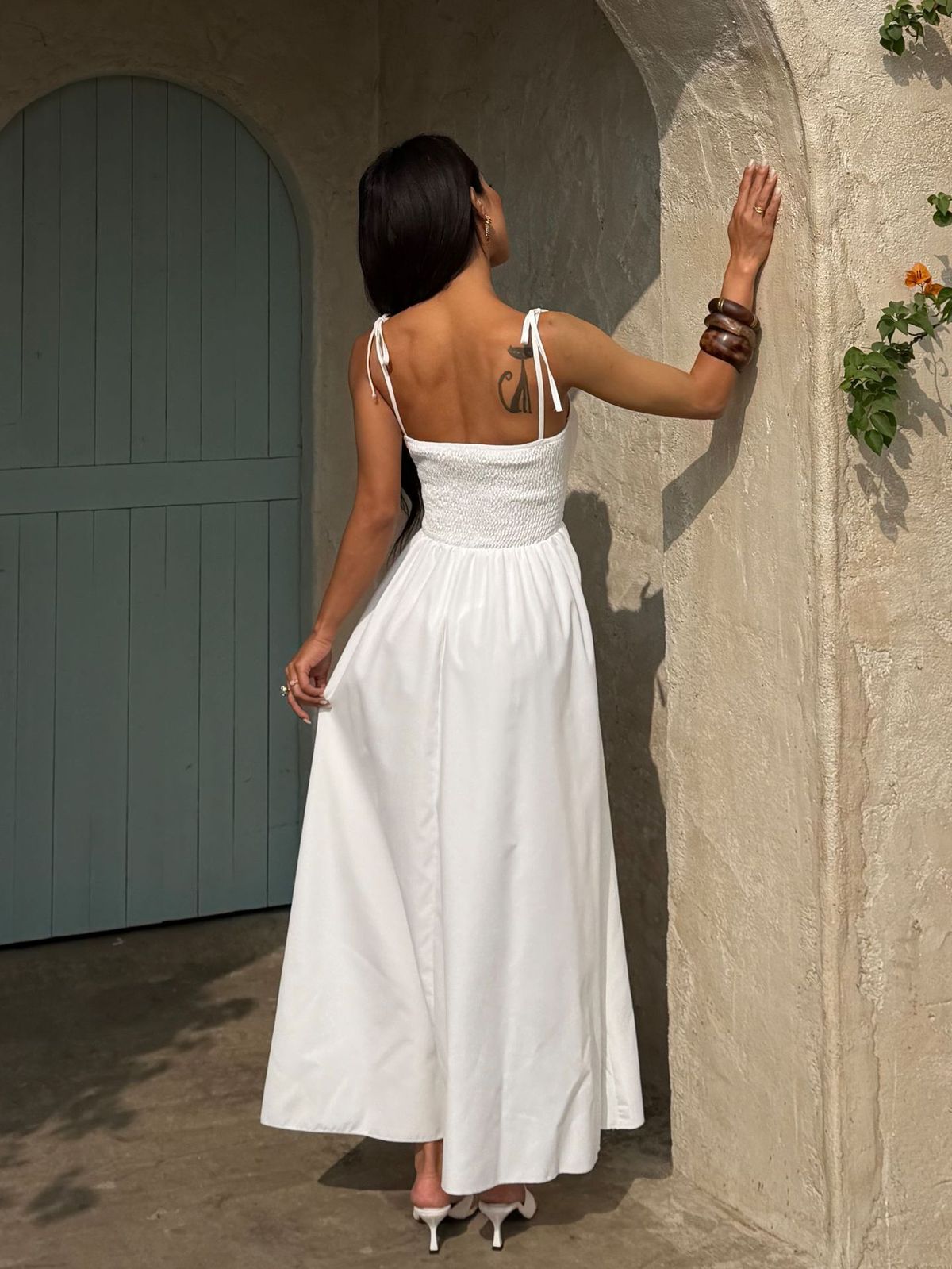 Women's Summer Solid Color Hollow-Out Spaghetti Strap Tight Waist A-Line Dress
