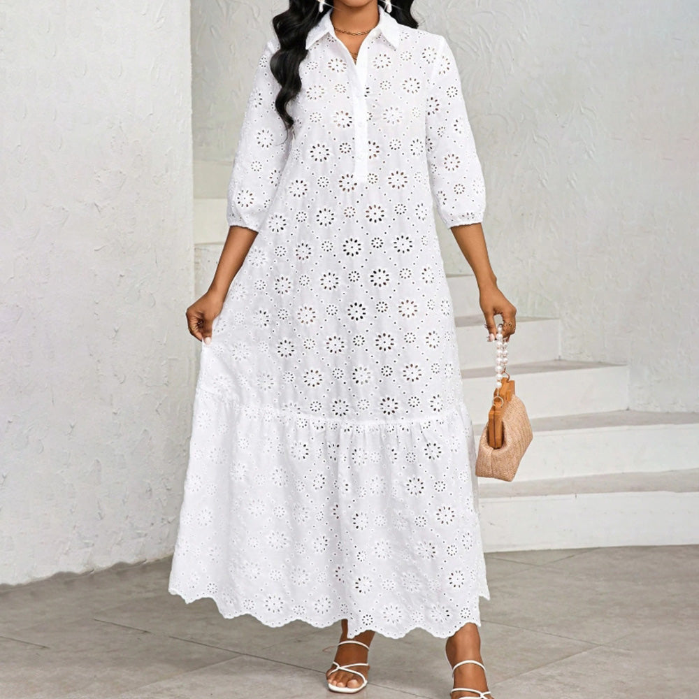 Women's Casual Summer Vacation Solid Color Hollow Out Short Sleeve Loose Dress
