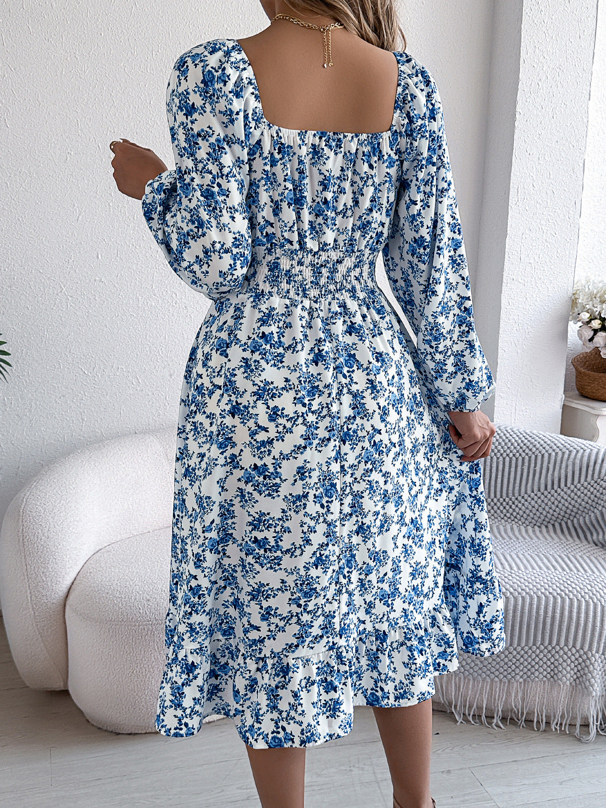 Women's Elegant Floral Printed Square Neck Long Sleeve Loose Dress