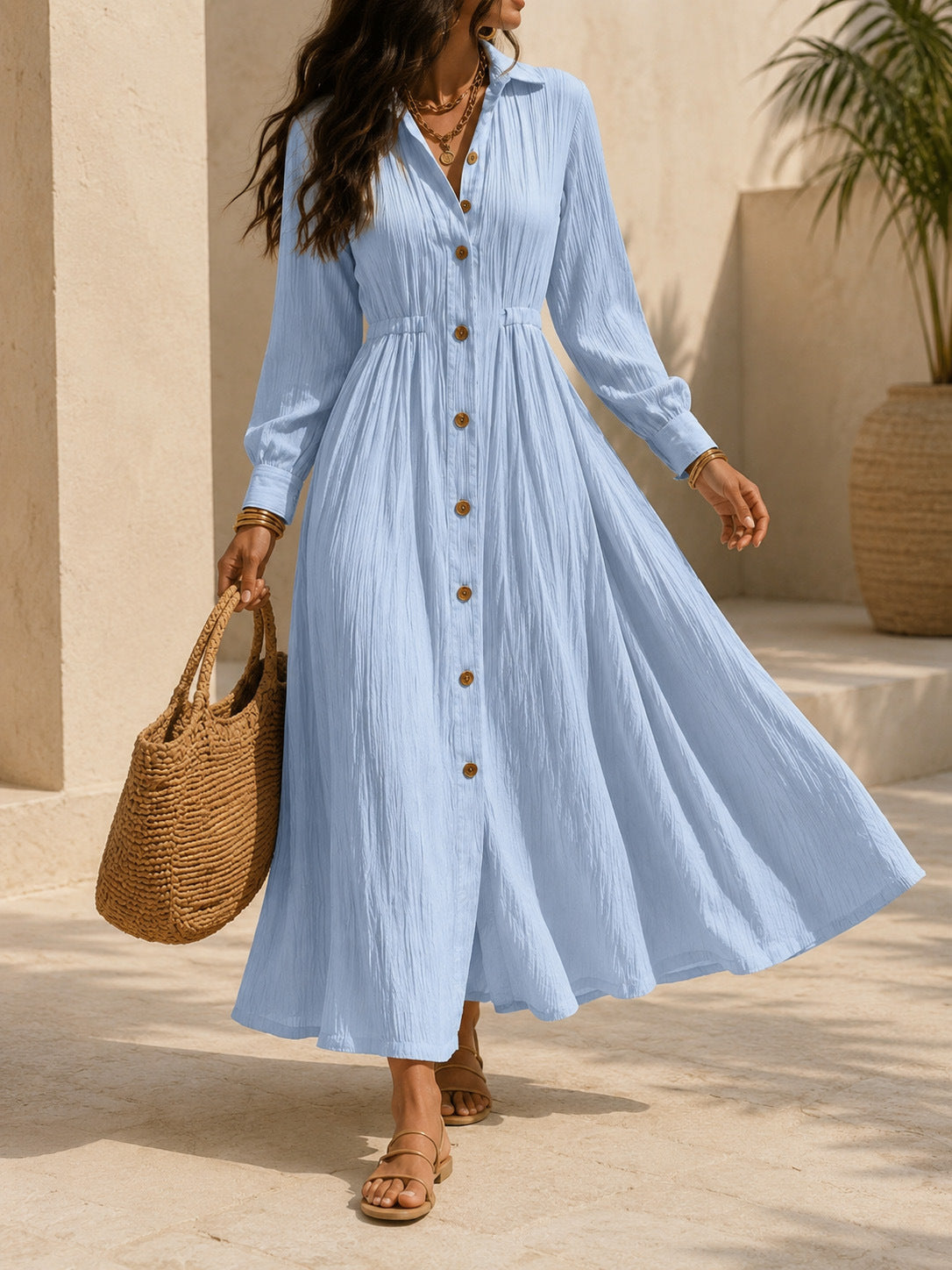 Women's Casual Solid Color Lapel Long Sleeve Single-Breasted Waisted Loose Dress