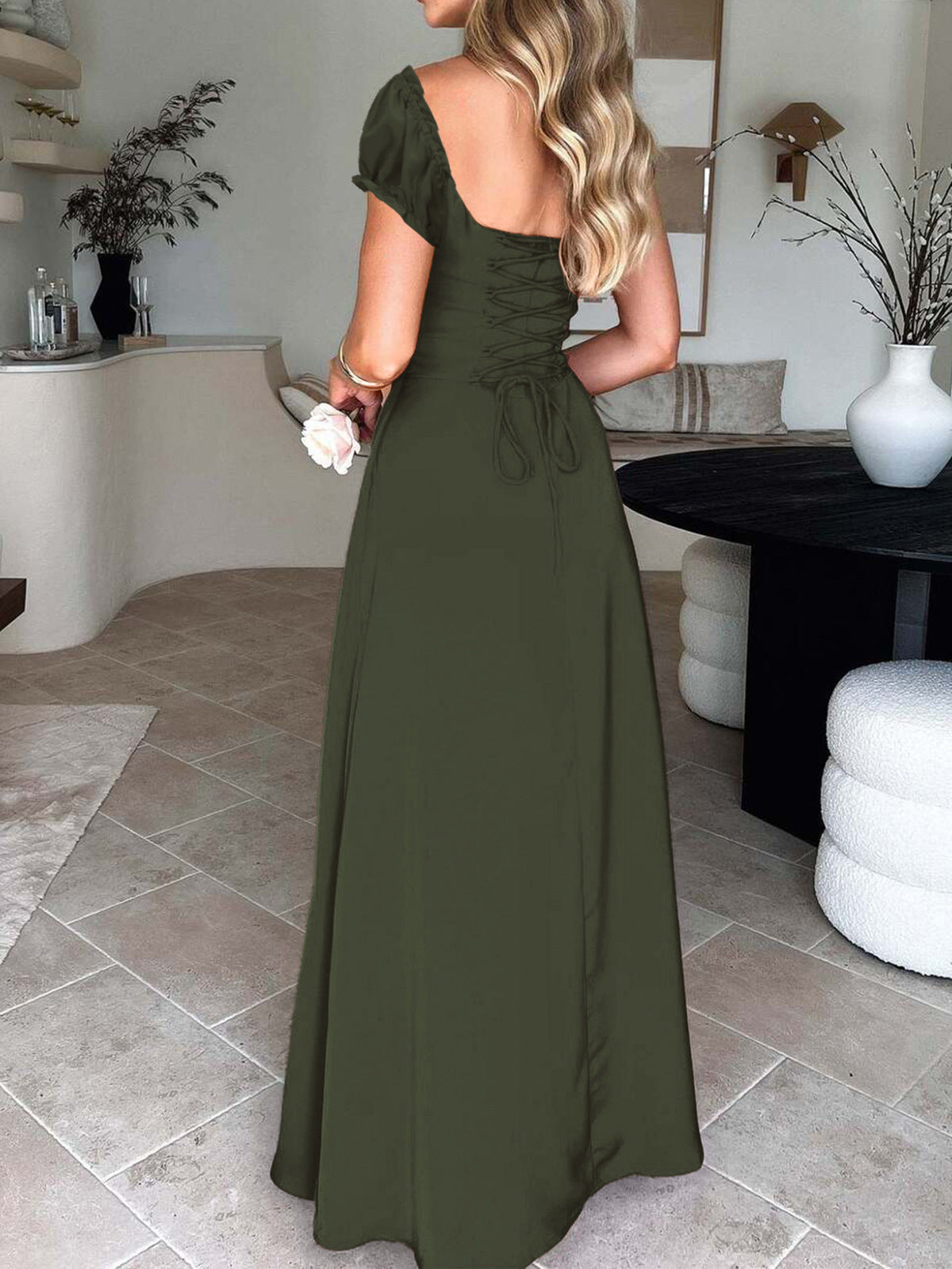 Women's Spring and Summer Solid Color Lace-Up Pleated Puff Sleeve A-Line Dress