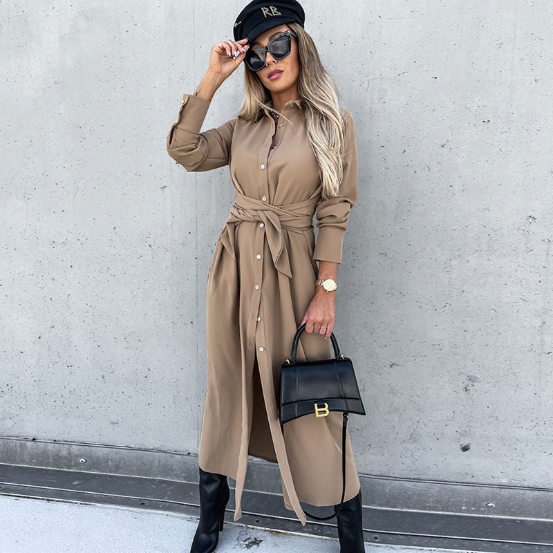 Women's Autumn Winter Solid Color Cardigan Long Sleeve Maxi Shirt Dress