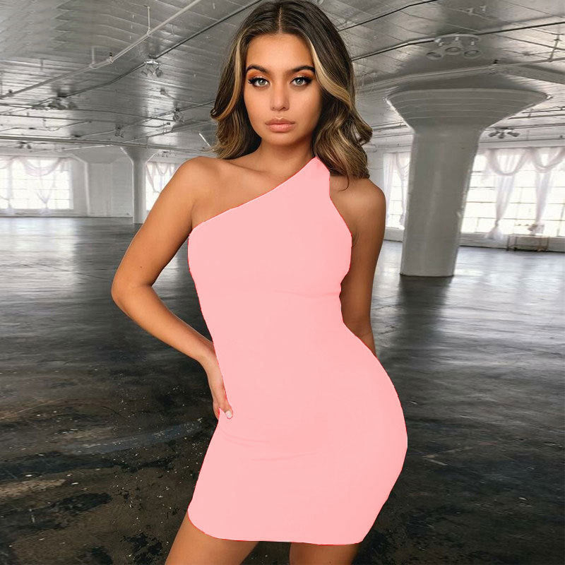 Women's Edgy Basic Summer Solid Color Oblique Shoulder Sleeveless Bodycon Dress