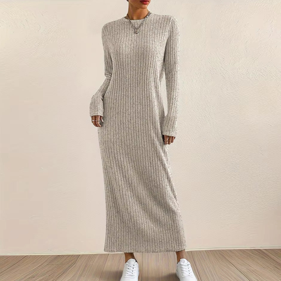 Women's Casual Autumn Winter Solid Color Round Neck Long Sleeve Maxi Dress