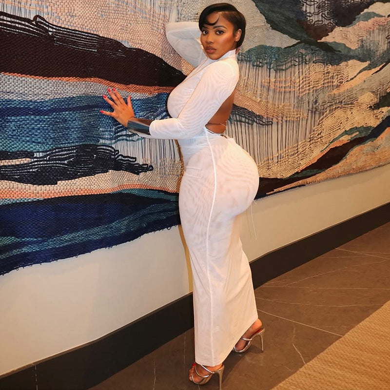 Women's Sexy Solid Color Vertical Collar Long Sleeve Backless Slim-Fit Dress