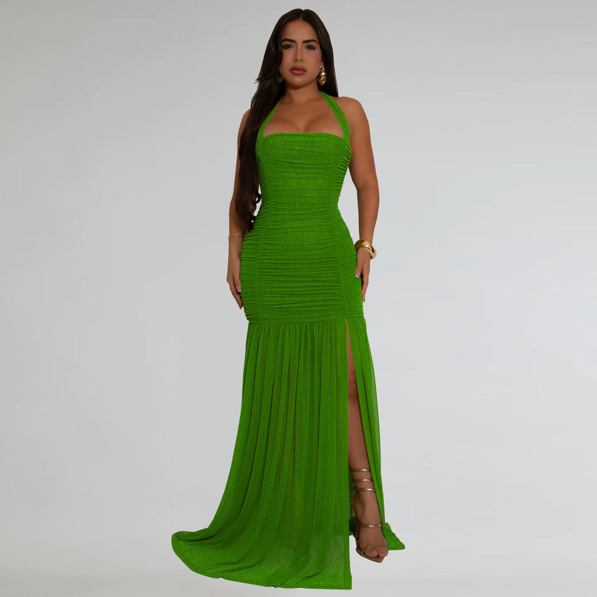 Women's Sexy Solid Color Pleated Mesh Halter-Neck Backless Split Maxi Dress