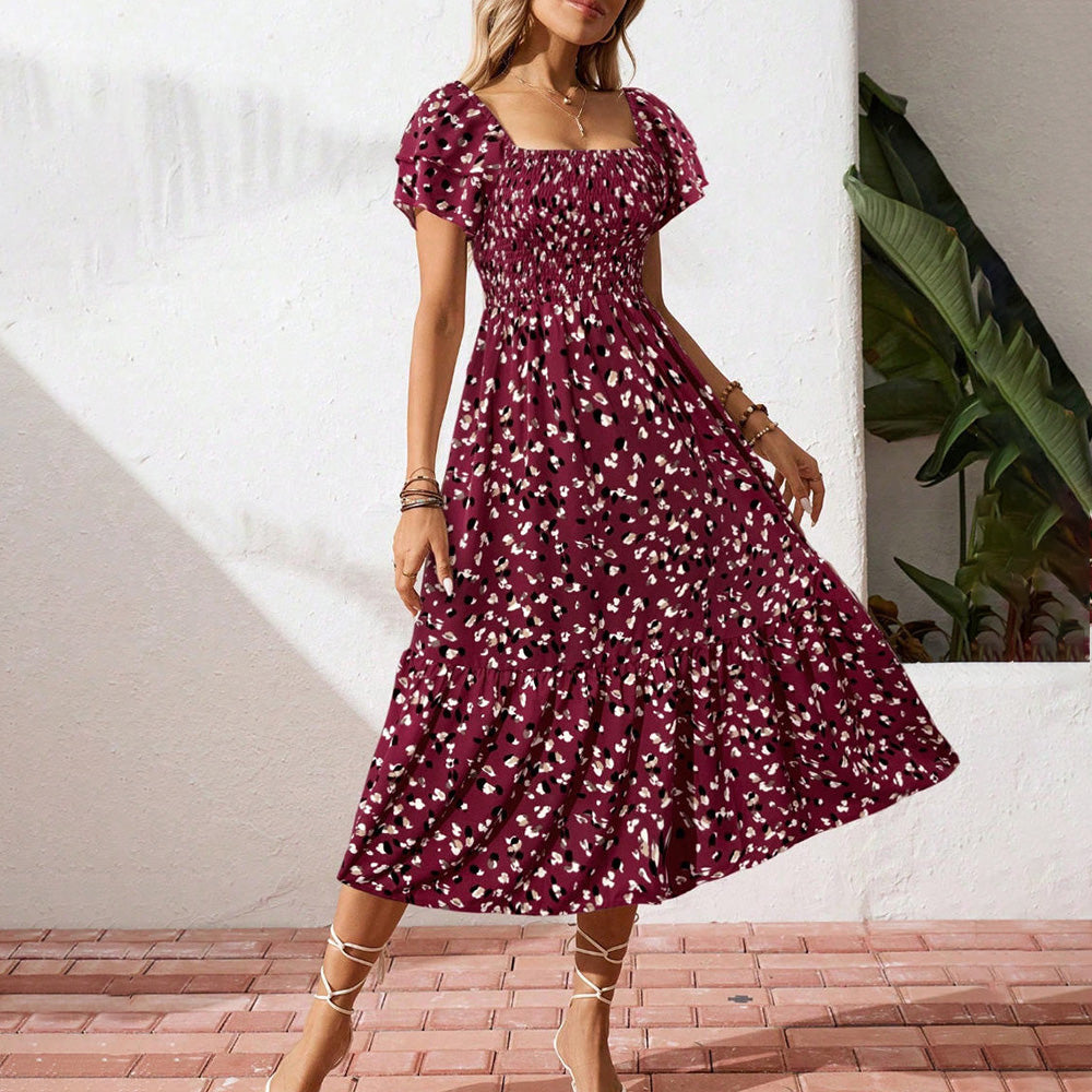 Women's Casual Spring Summer Flower Printed Ruffle Sleeve A-Line Dress