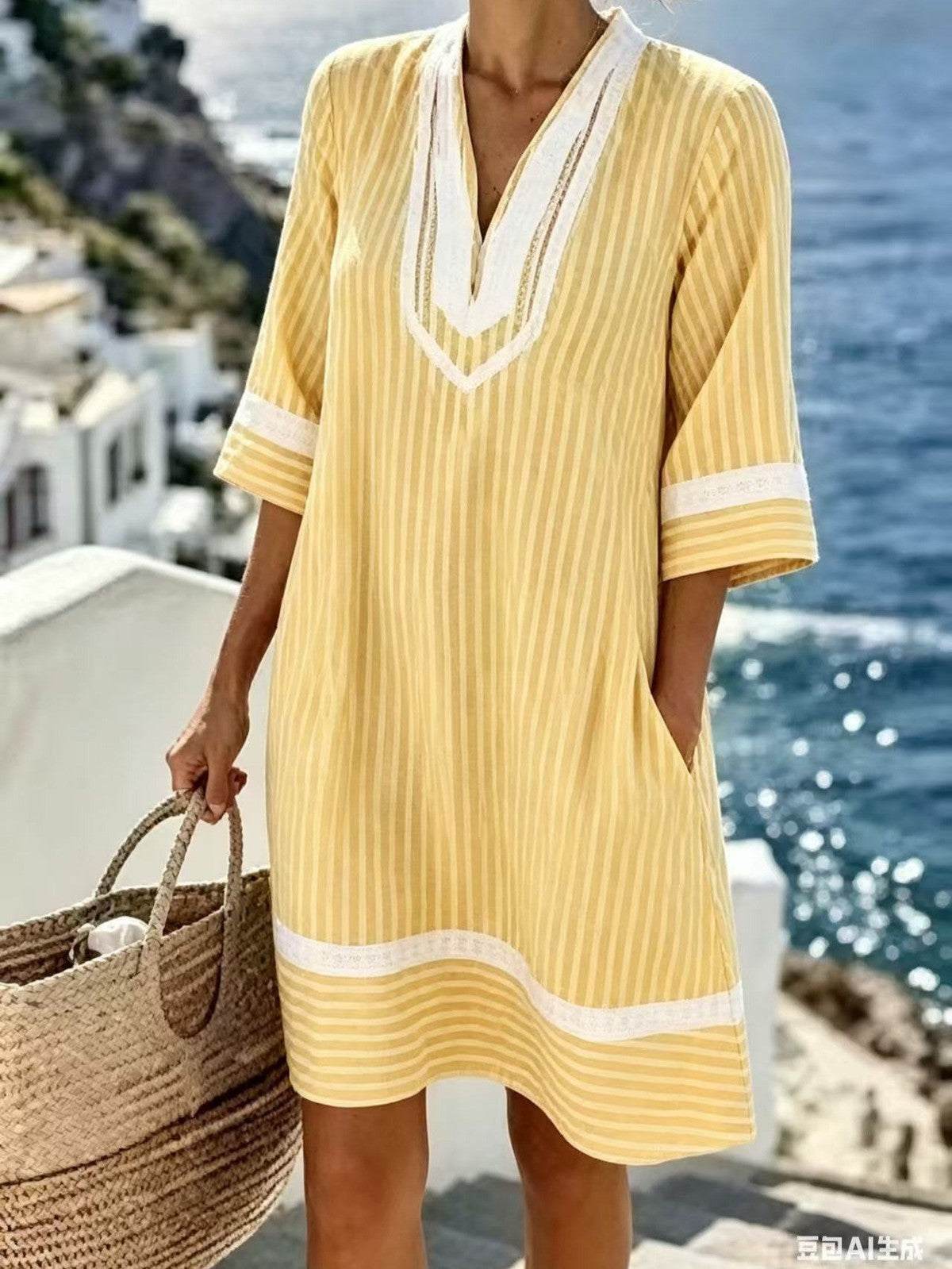 Women's Casual Vacation Printed V-Neck Short Sleeve Loose Dress