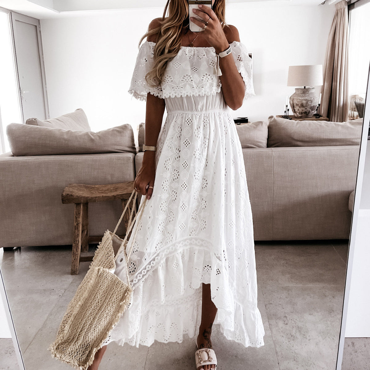 Women's Boho Vacation Solid Color Lace Off-Shoulder Loose Dress