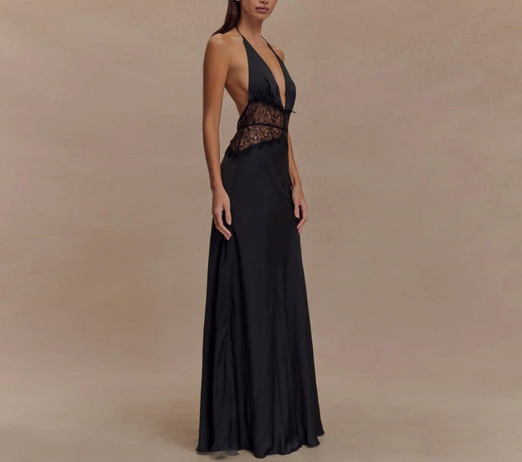 Women's Sexy Silk Satin Lace Stitching Halter-Neck Lace-Up Dress