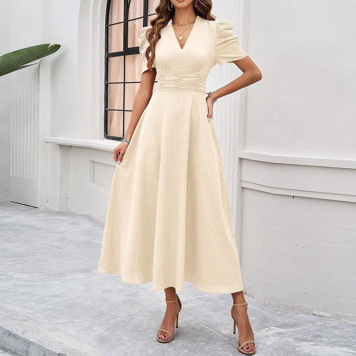 Women's Casual Spring and Summer Solid Color Short Sleeve High Waist Dress