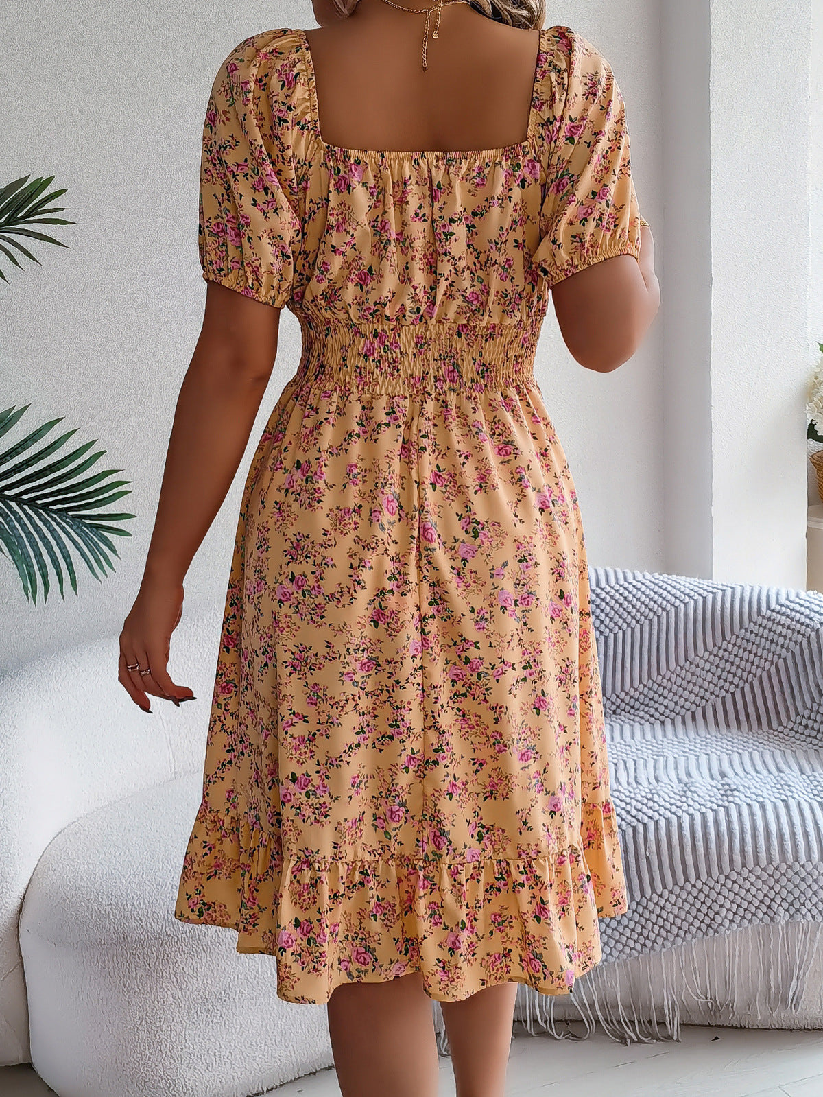 Women's Sexy Square Collar Short Sleeve High Waist A-Line Floral Dress