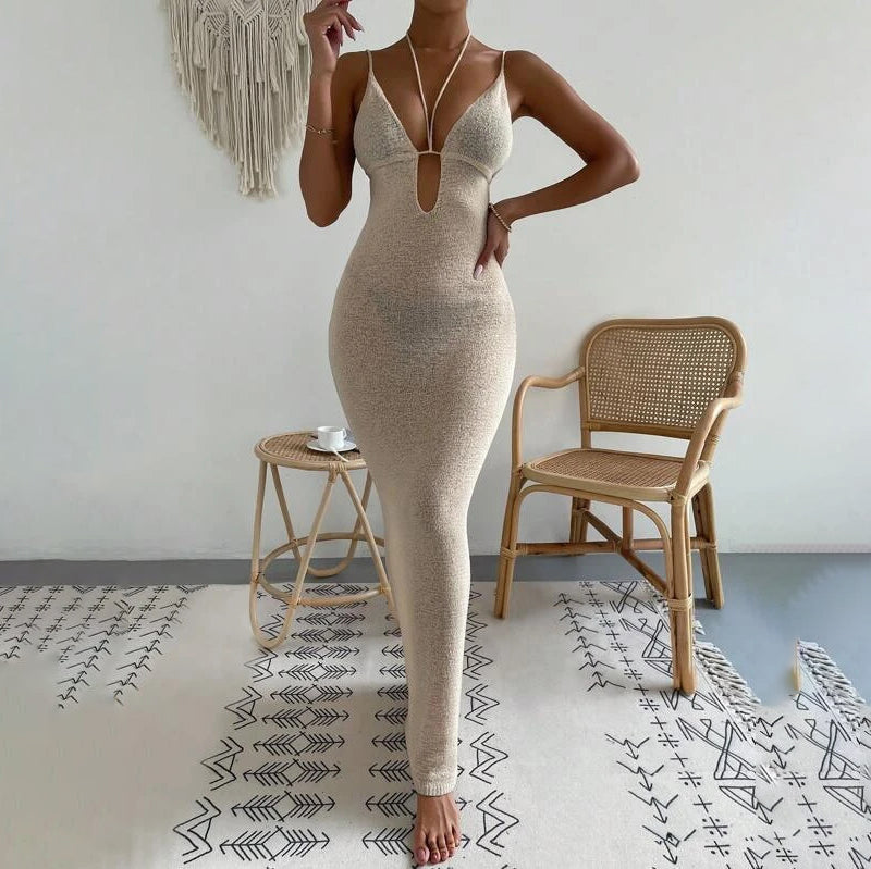 Women's Sexy Hollow Backless Spaghetti Strap Long Dress, Solid Color