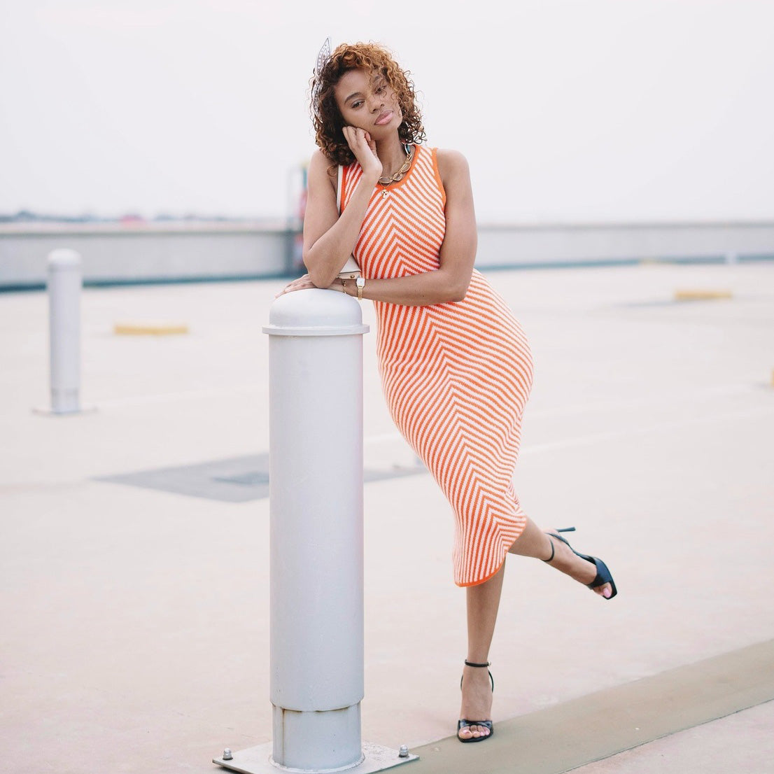 Women's Sexy Sleeveless Colorblock Stripe Knitted Midi Dress