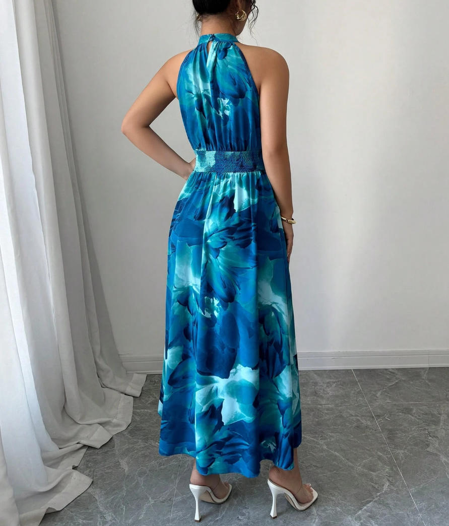 Women's Elegant Summer Dyeing Halter-Neck Sleeveless Tight Waist A-Line Dress