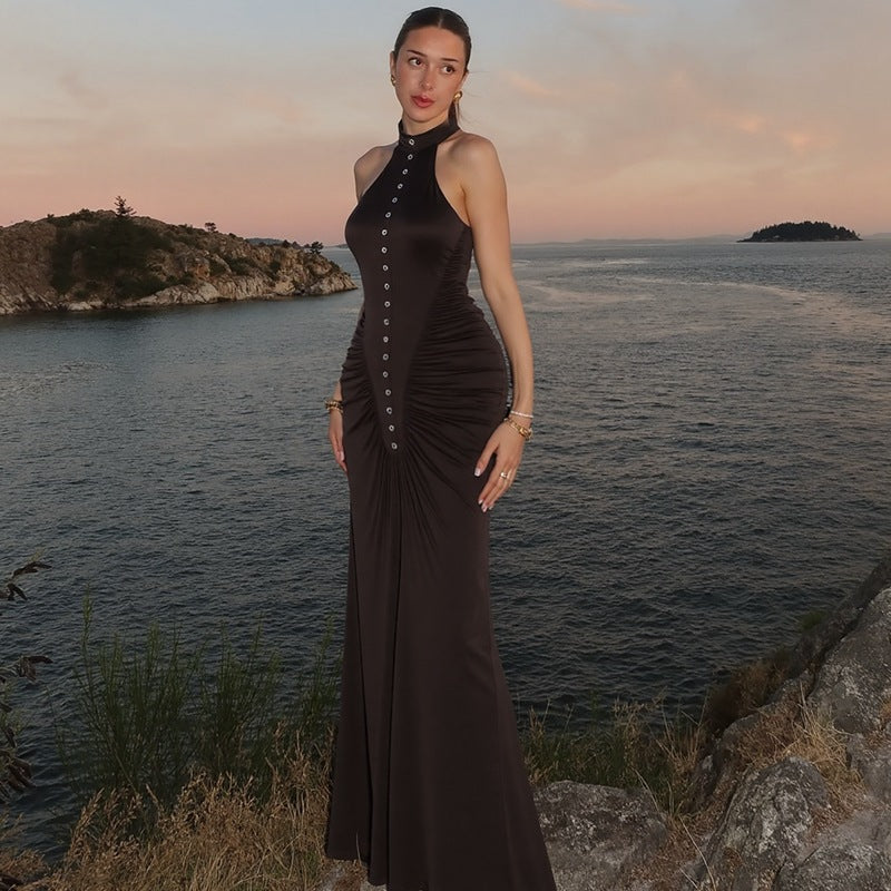 Women's Solid Color Round Neck Sleeveless Button Slim-Fit Pleated Maxi Dress