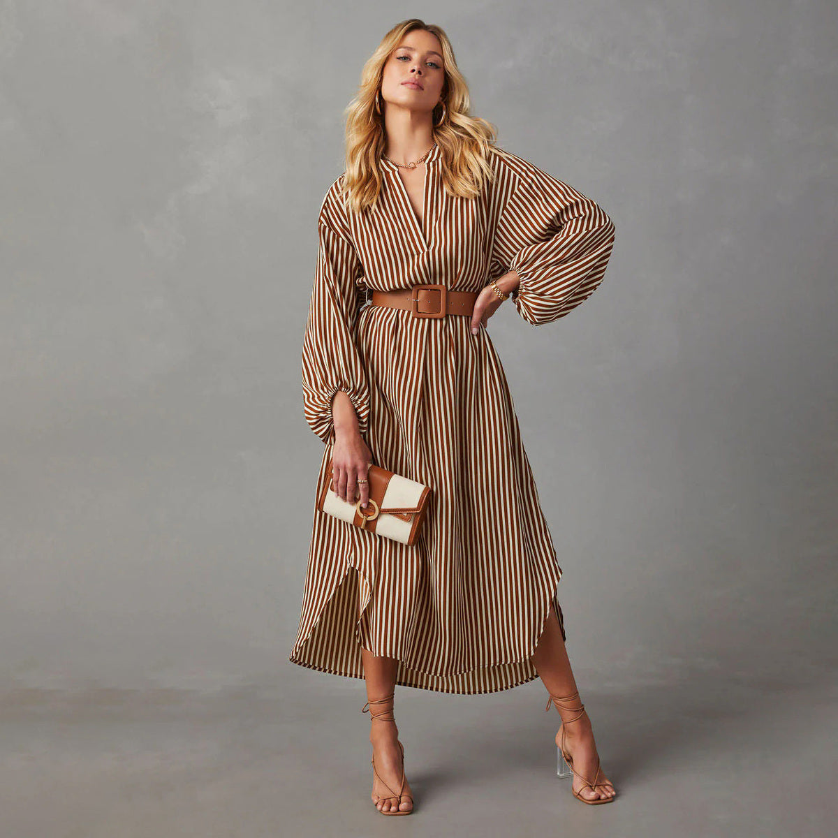 Women's Casual Summer Vacation Stripe V-Neck Long Sleeve Loose Dress