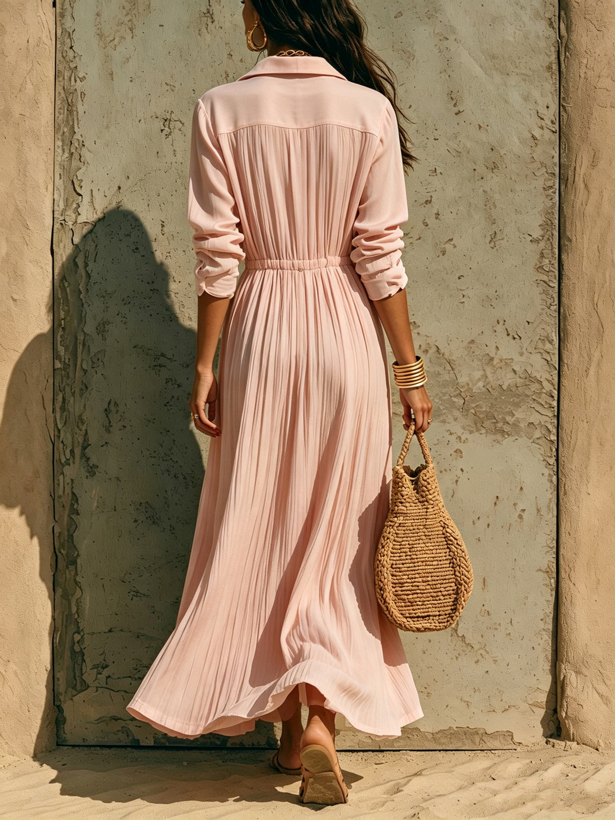 Women's Casual Solid Color Lapel Long Sleeve Single-Breasted Waisted Loose Dress