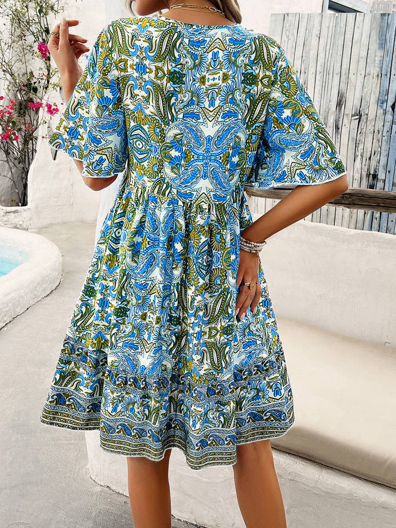 Women's Casual Boho Vacation Printed V-Neck Short Sleeve Loose Dress