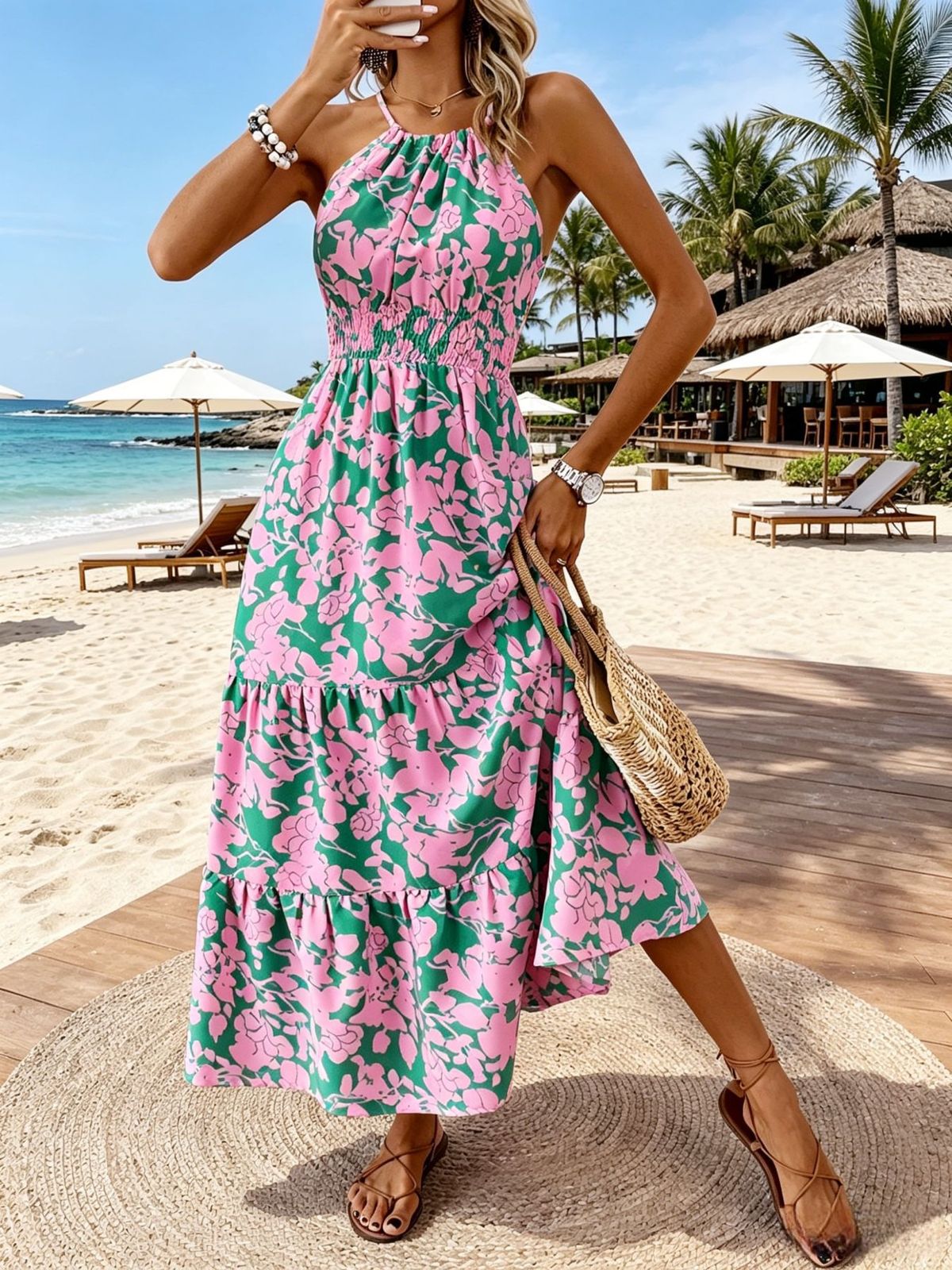 Women's Vacation Printed Halter-Neck Strap Tight Waist Dress
