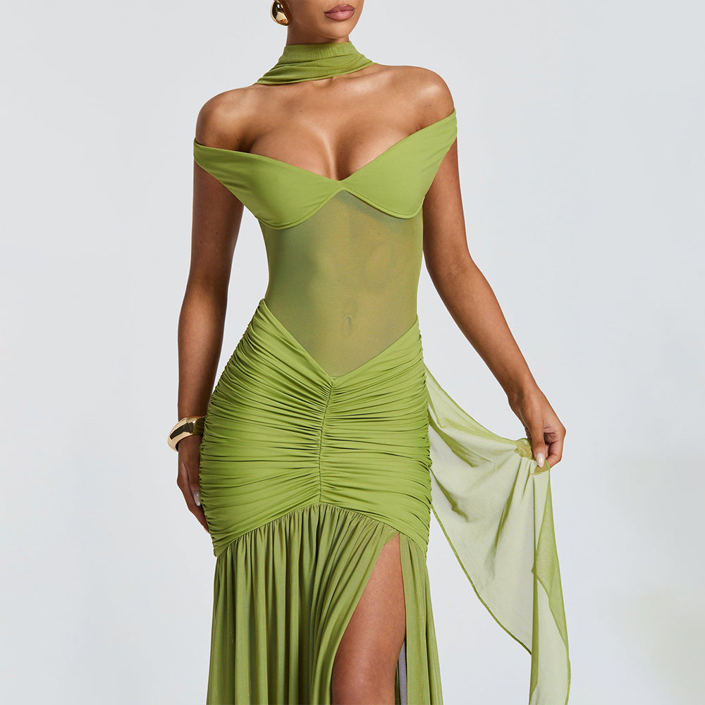 Women's Sexy Mesh Off-Shoulder Backless Long Dress, with V-Neck
