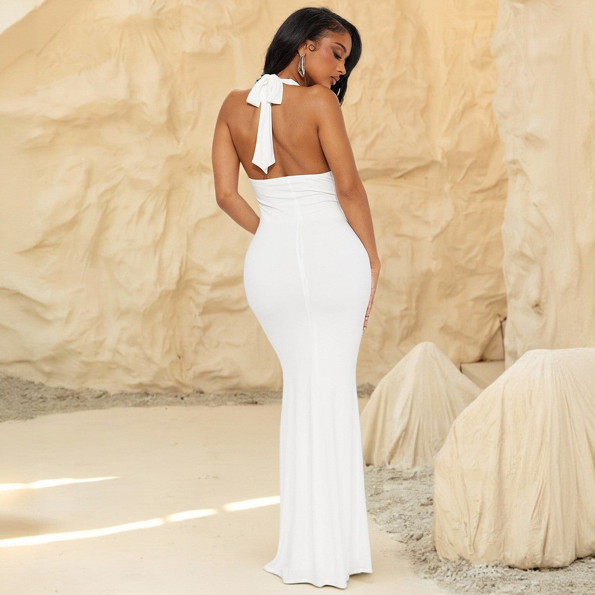 Women's Sexy Solid Color Metal Decorated Halter-Neck Backless Split Dress
