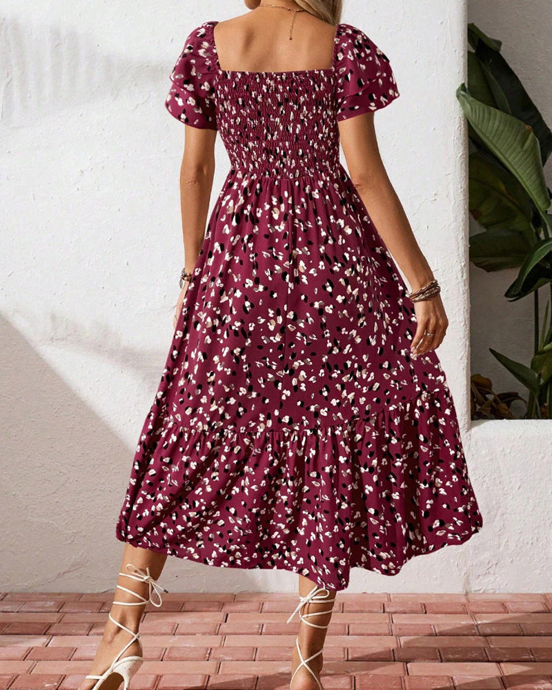 Women's Casual Spring Summer Flower Printed Ruffle Sleeve A-Line Dress