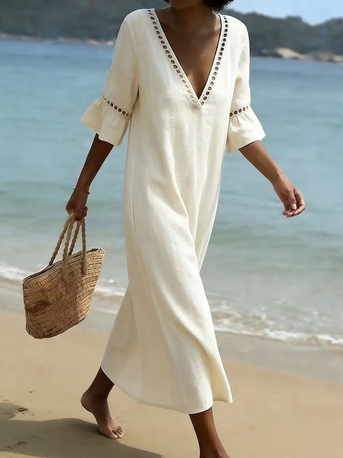 Women's Summer Boho Vacation Solid Color V-Neck Short Sleeve Loose Dress