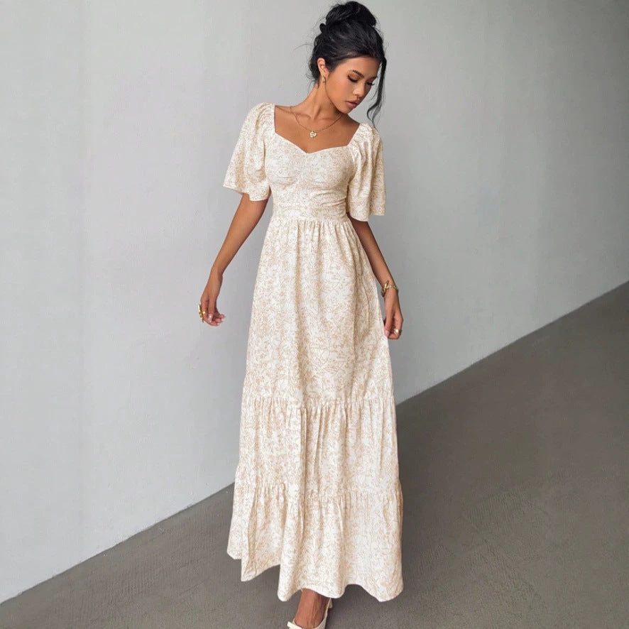 Women's Chiffon Tiny Flower Square Neck Short Sleeve Floral Maxi A-Line Dress
