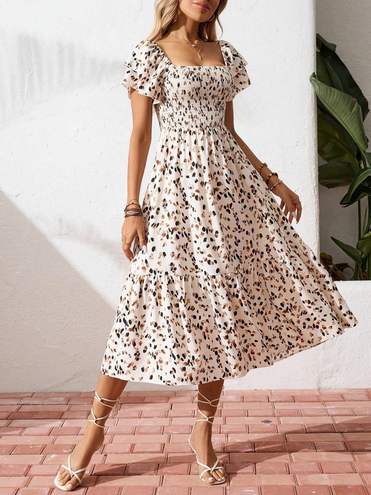 Women's Casual Spring Summer Flower Printed Ruffle Sleeve A-Line Dress