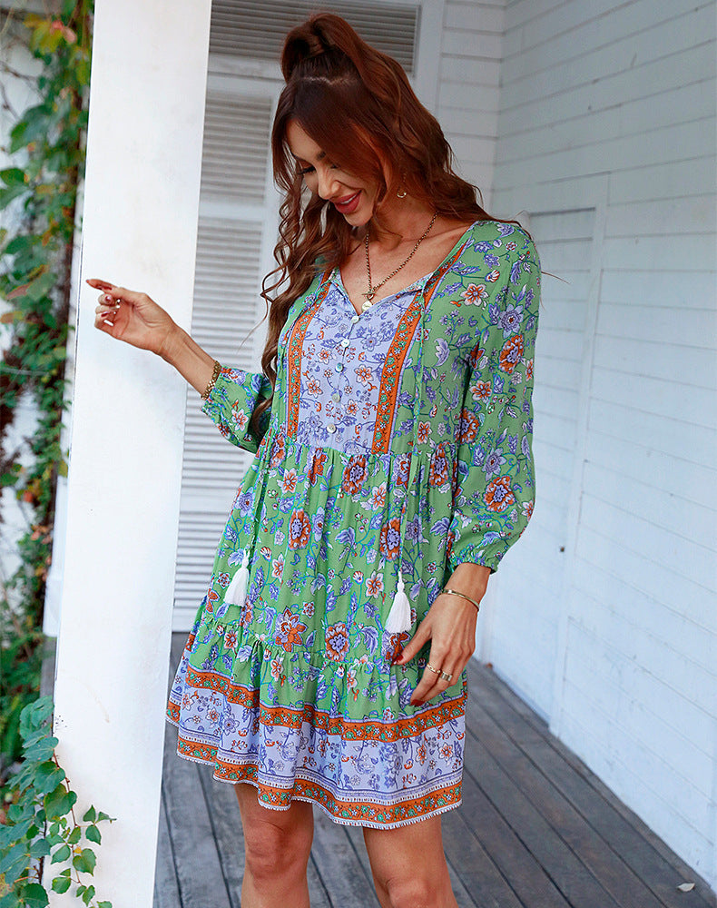 Women's Casual Boho Vacation Printed V-Neck Long Sleeve Loose Dress