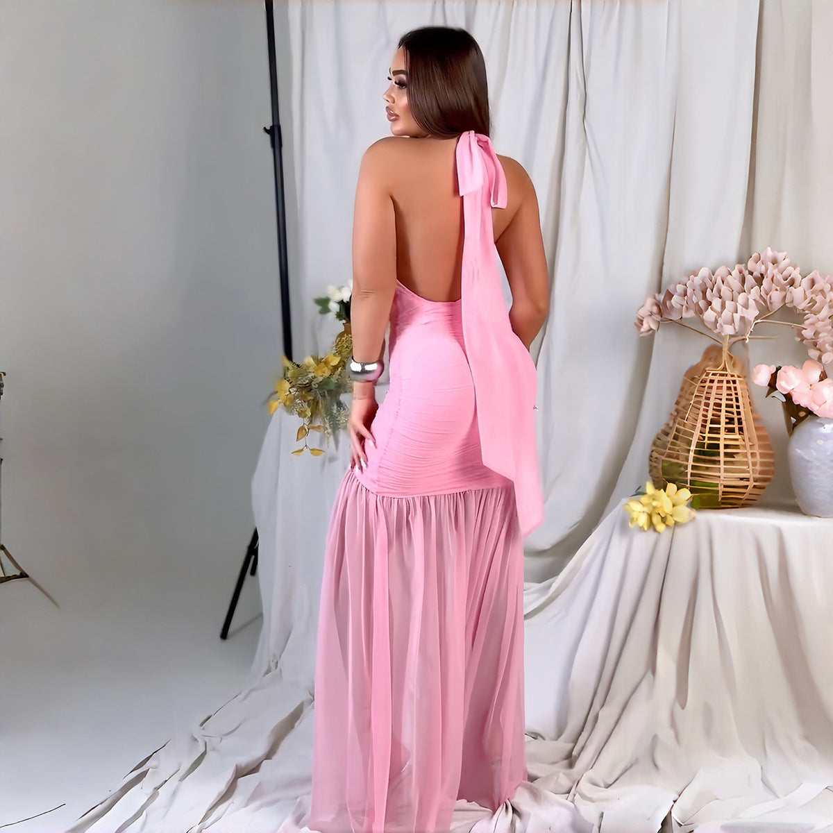 Women's Sexy Elegant Solid Color Mesh Low-Cut V-Neck Pleated Stitching Dress