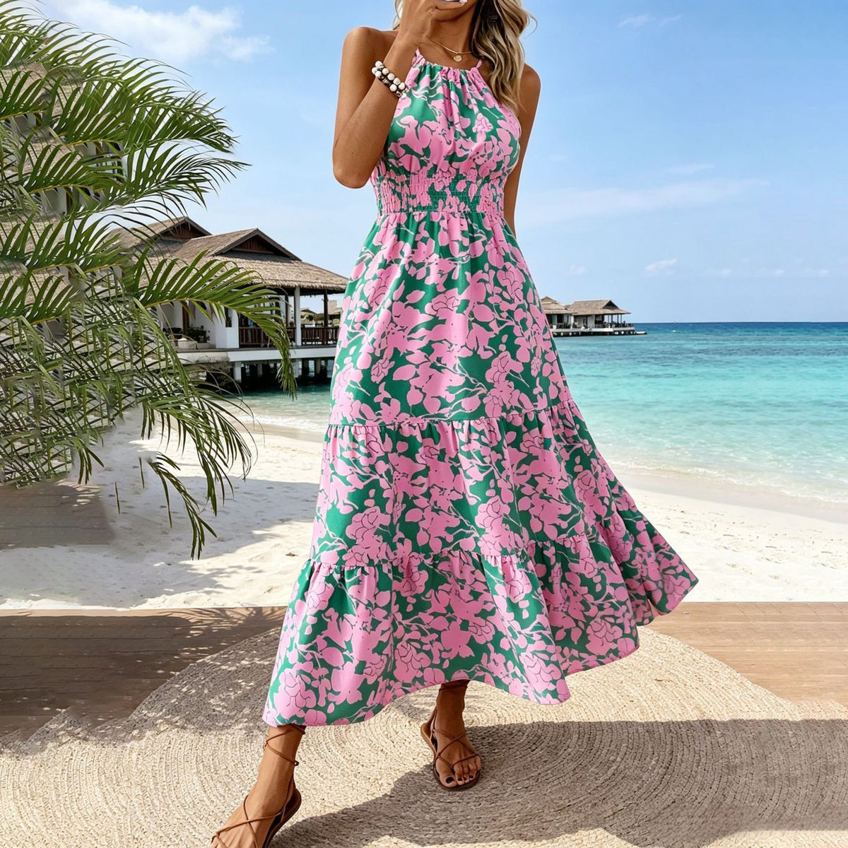 Women's Vacation Printed Halter-Neck Strap Tight Waist Dress