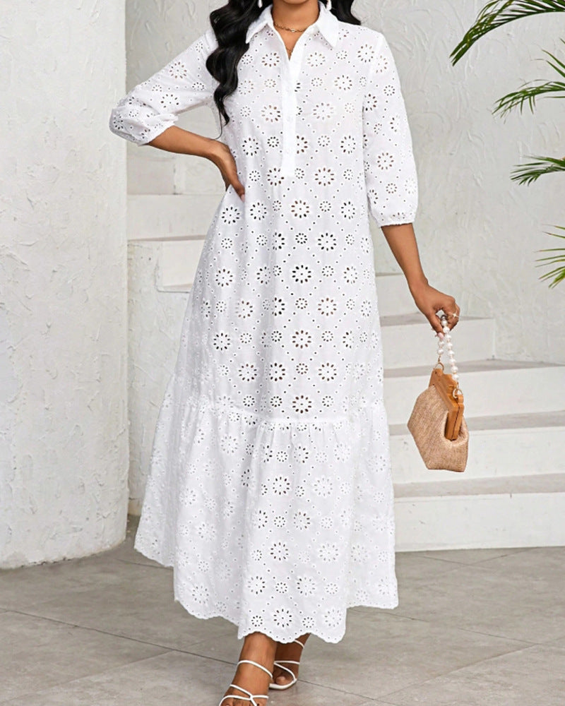 Women's Casual Summer Vacation Solid Color Hollow Out Short Sleeve Loose Dress