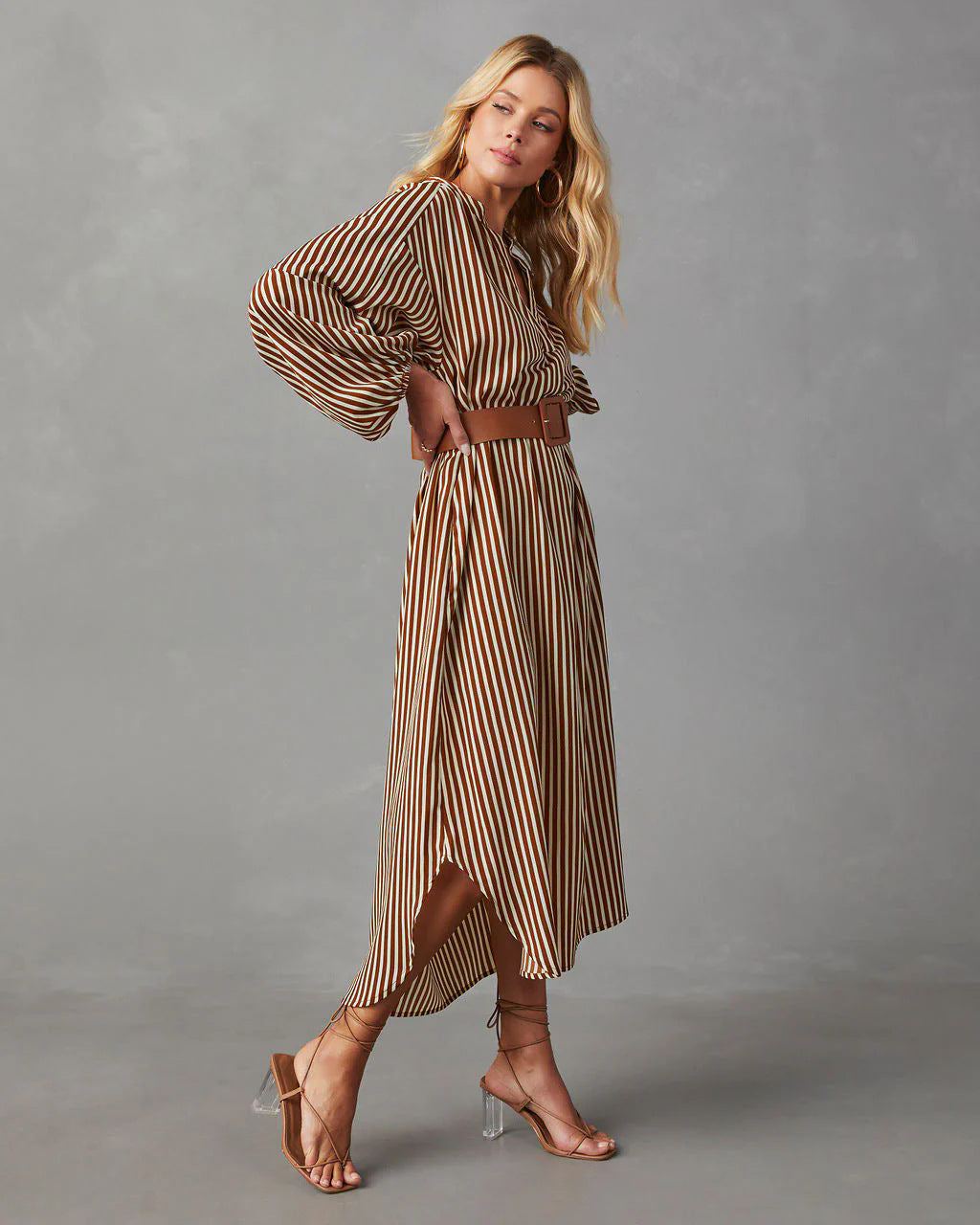 Women's Casual Summer Vacation Stripe V-Neck Long Sleeve Loose Dress
