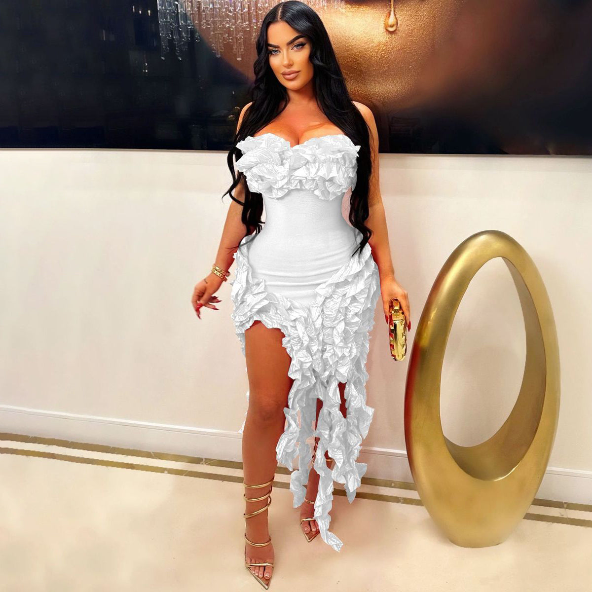 Women's Sexy Summer Solid Color Irregular Tube Top Ruffled Dress