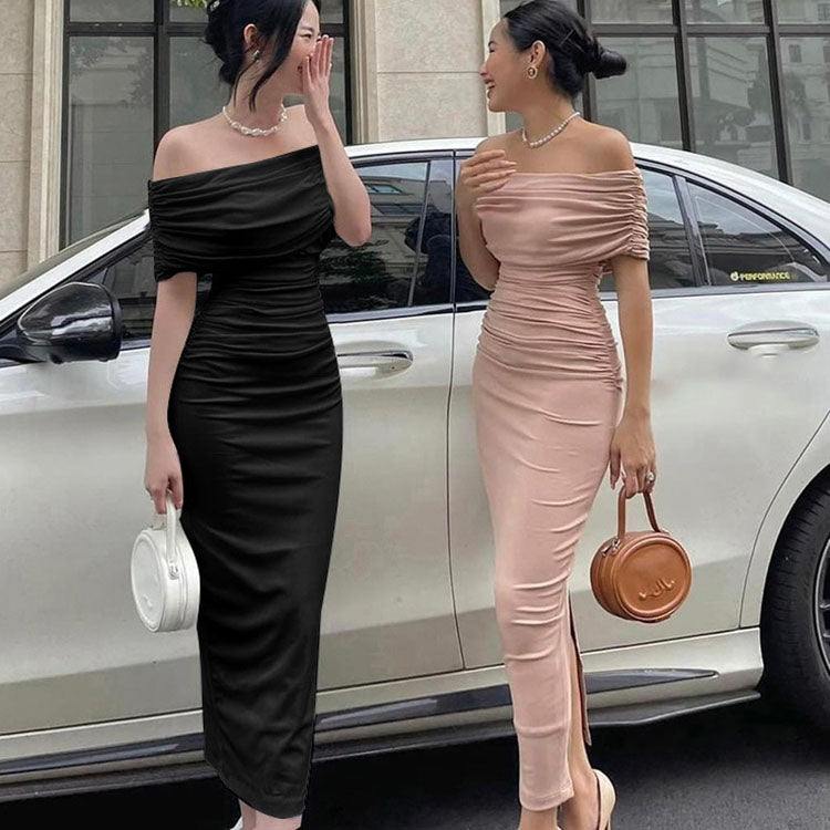 Women's Off Shoulder Pleated Split Maxi Dress