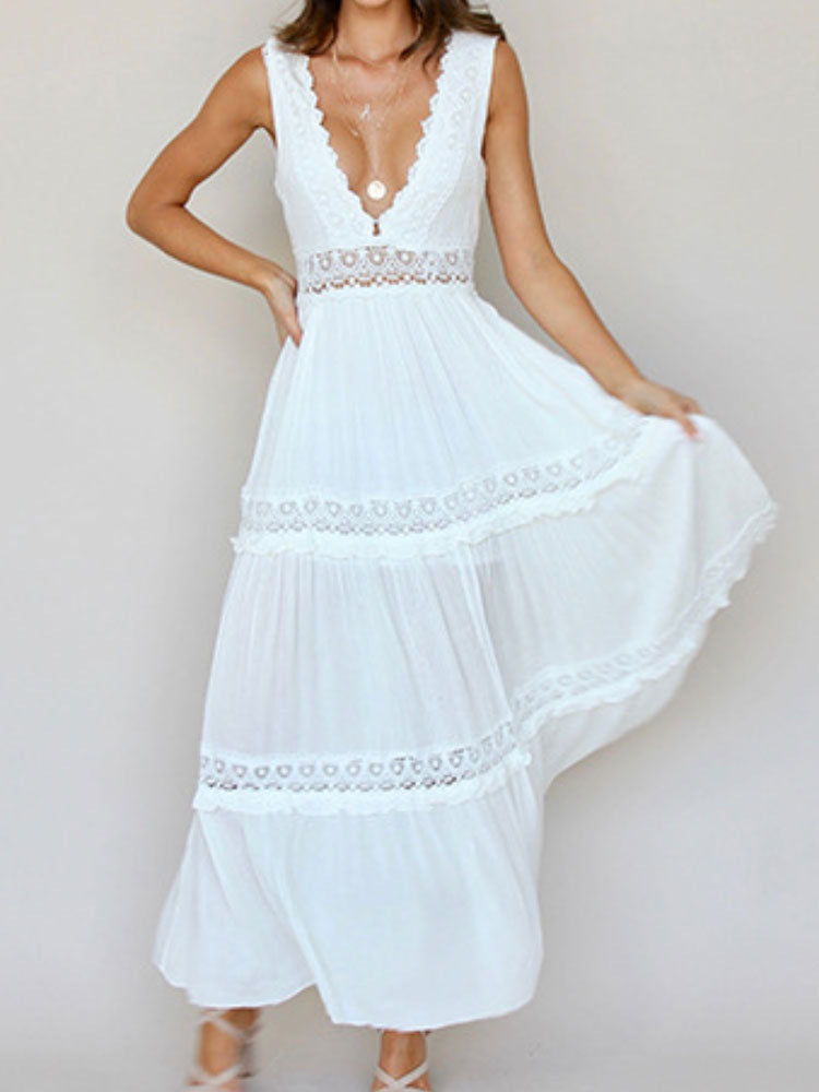 Women's Casual Solid Color Lace V-Neck Sleeveless Backless Loose Dress